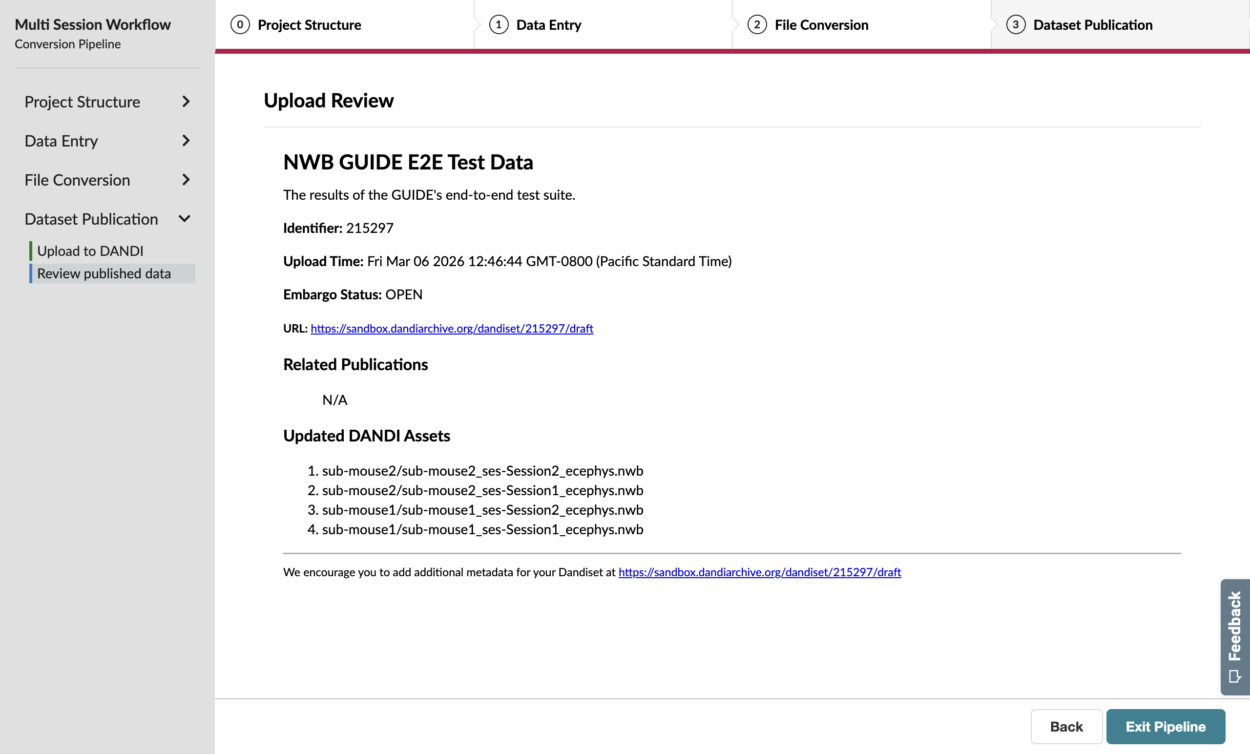 DANDI upload review page