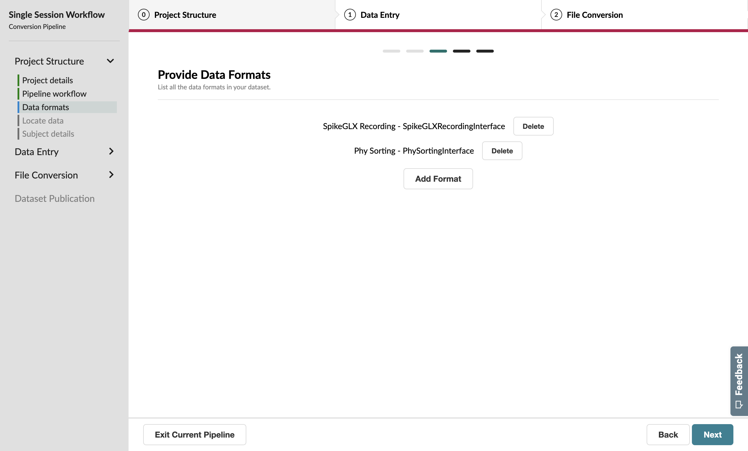 Data Formats page with both SpikeGLX Recording and Phy Sorting added to the list