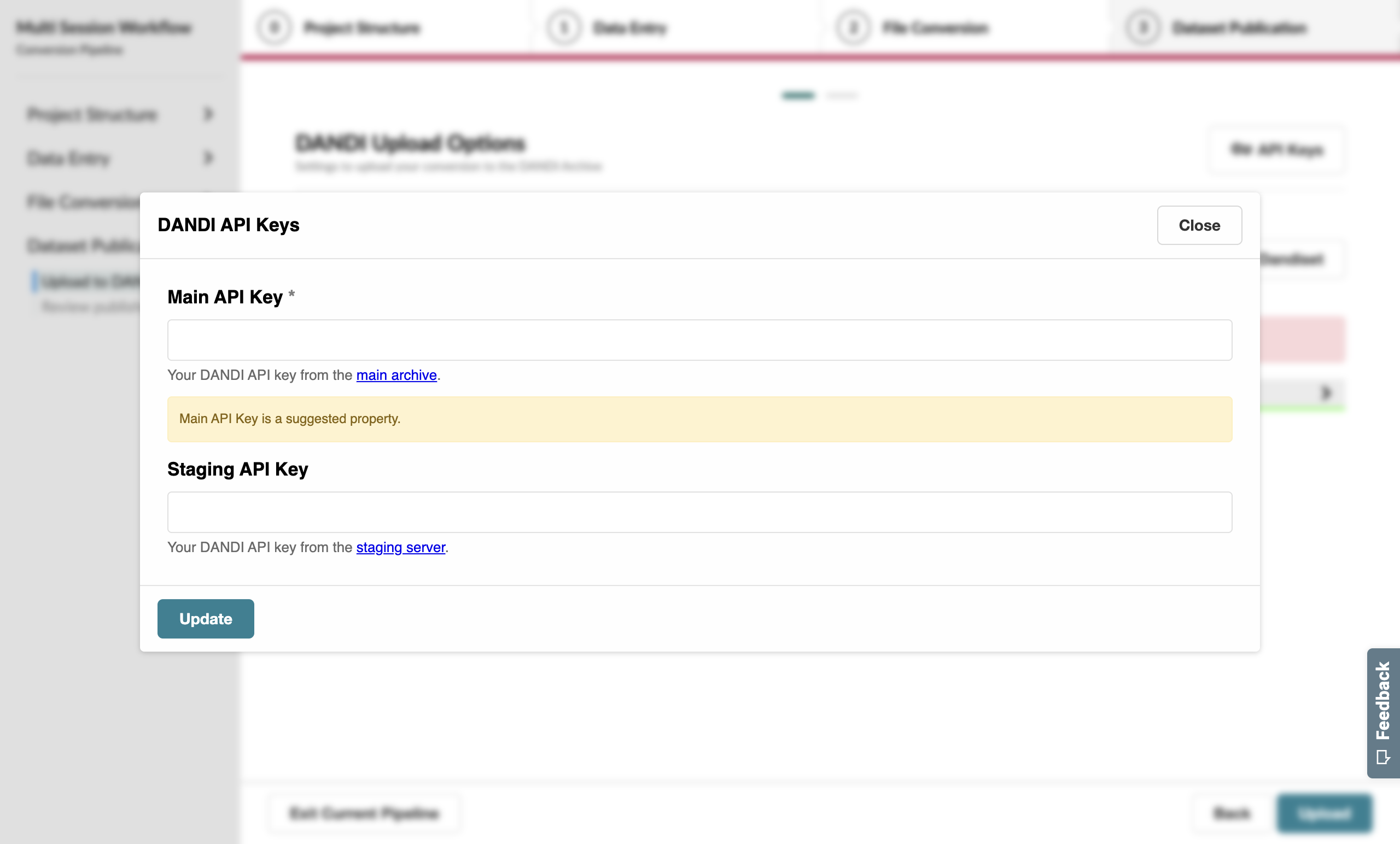 A pop-up asking for DANDI API keys