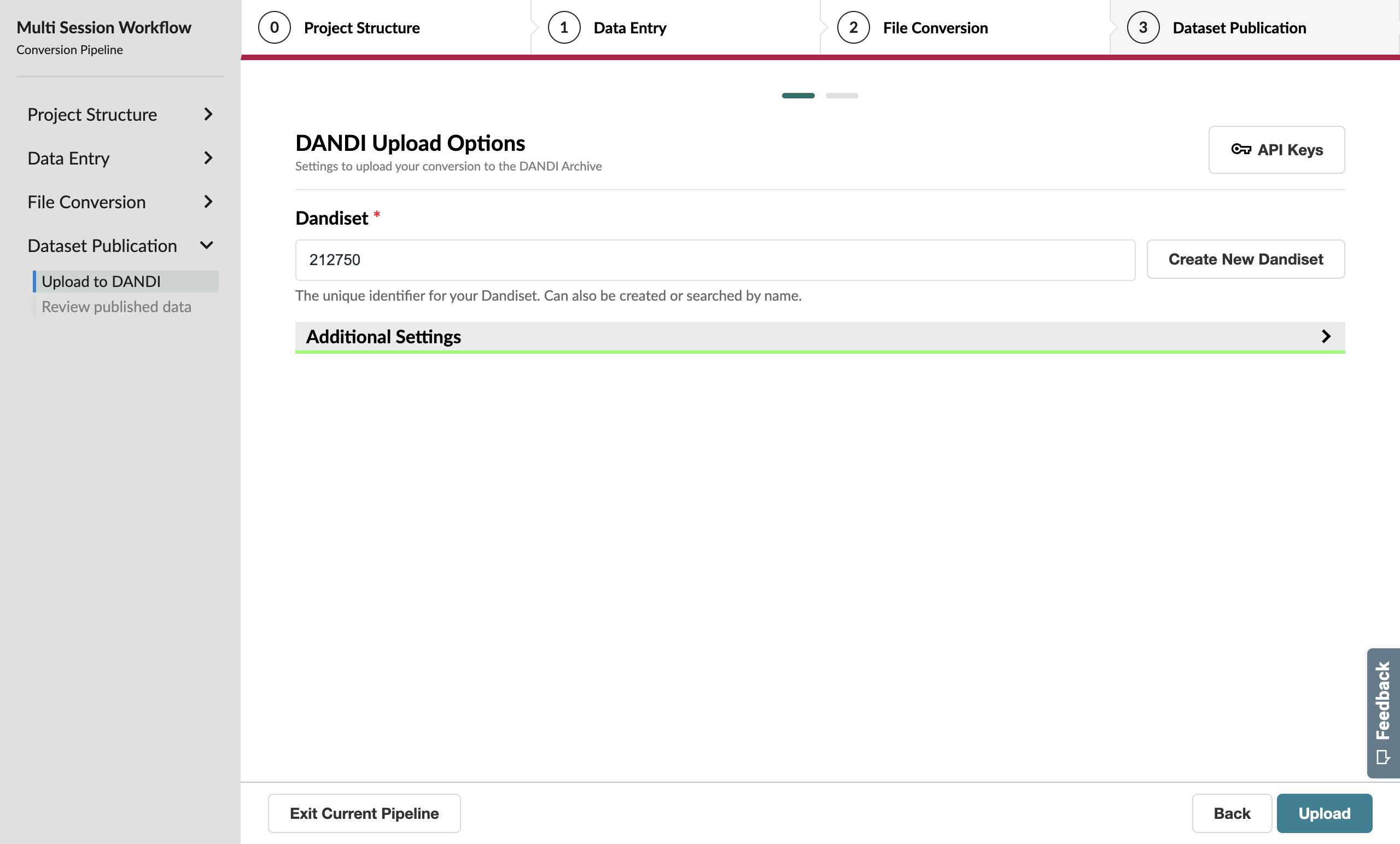DANDI upload page with Dandiset ID specified
