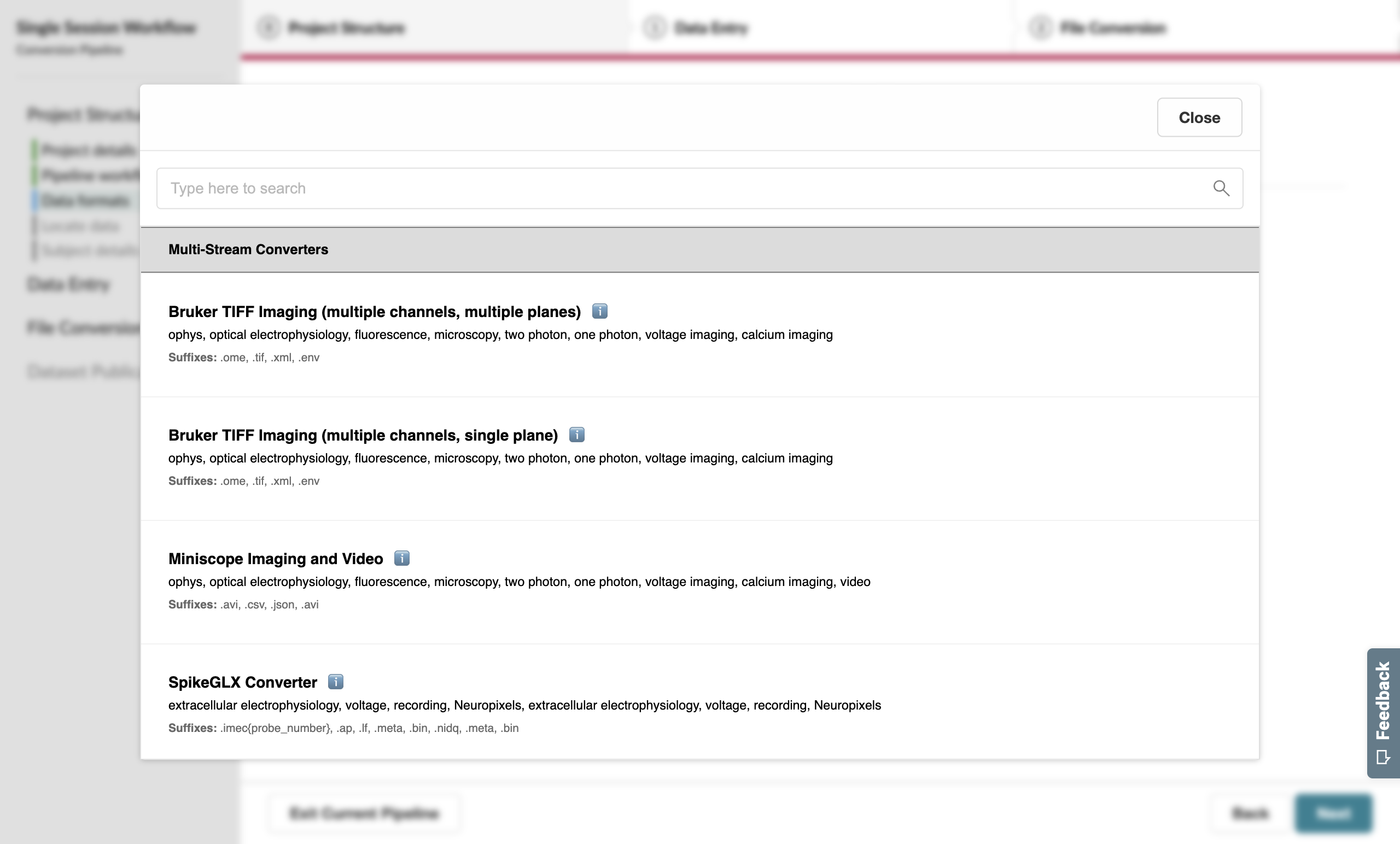 Format pop-up on the Data Formats page