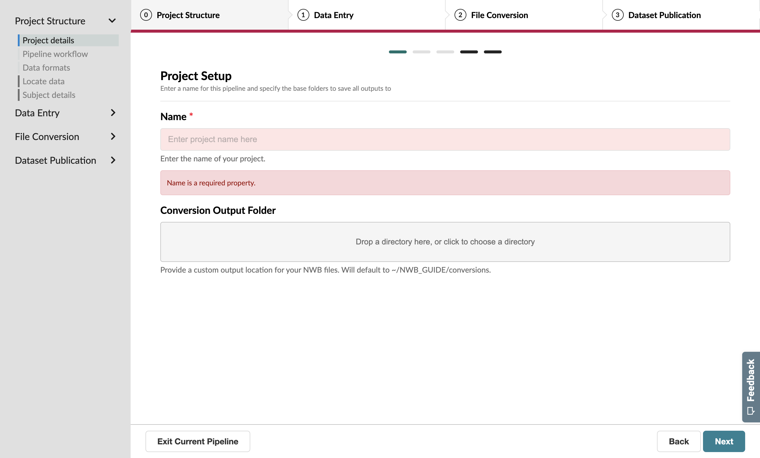 Project Setup page with no name (invalid)