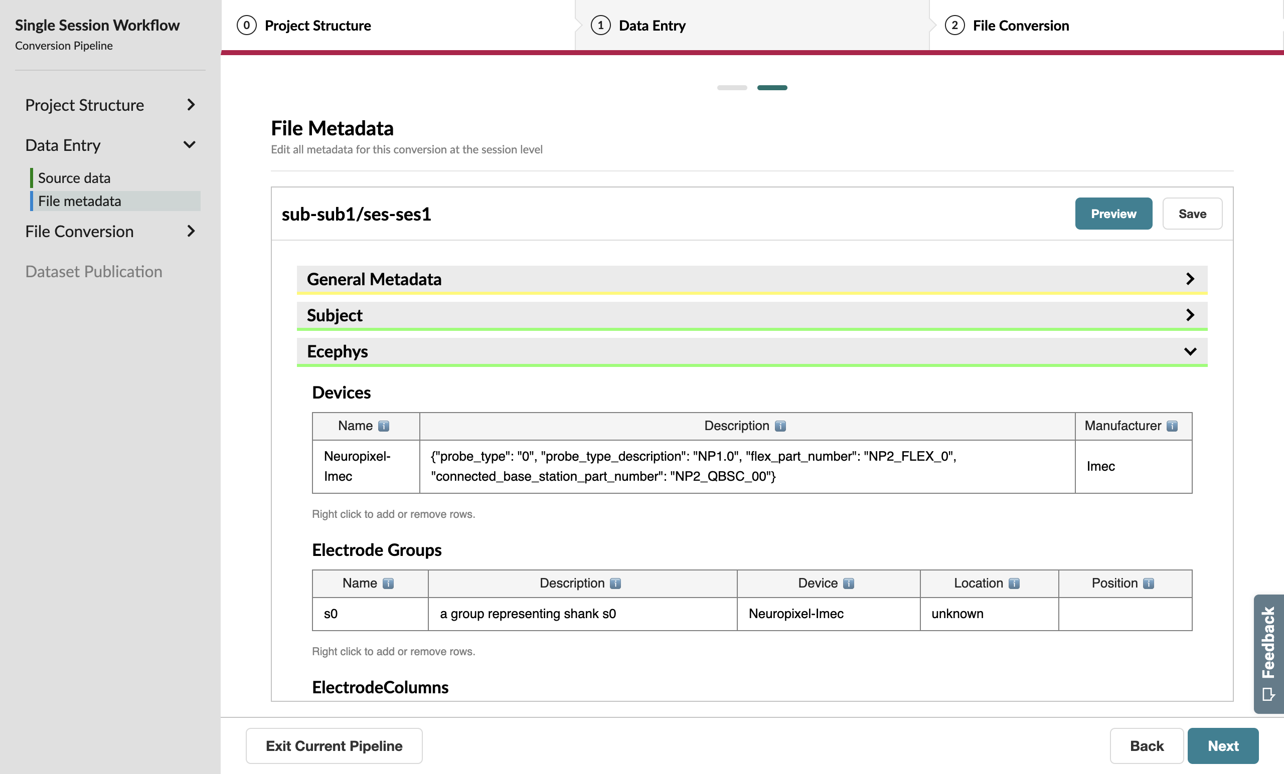 Ecephys metadata extracted from the SpikeGLX source data