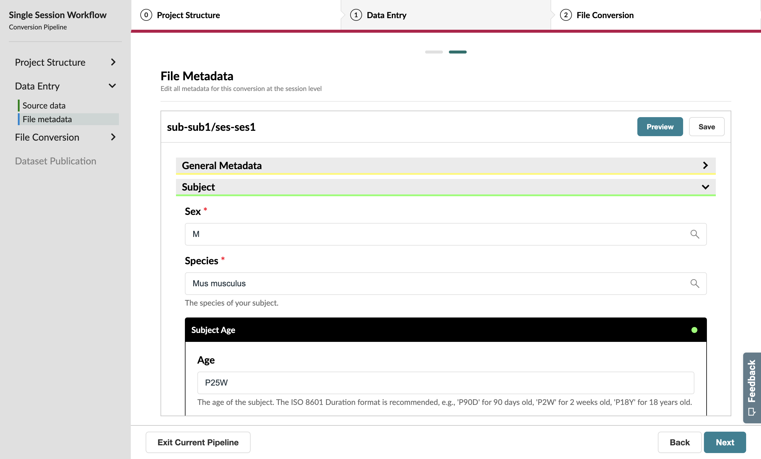 Metadata page with valid **Subject** information