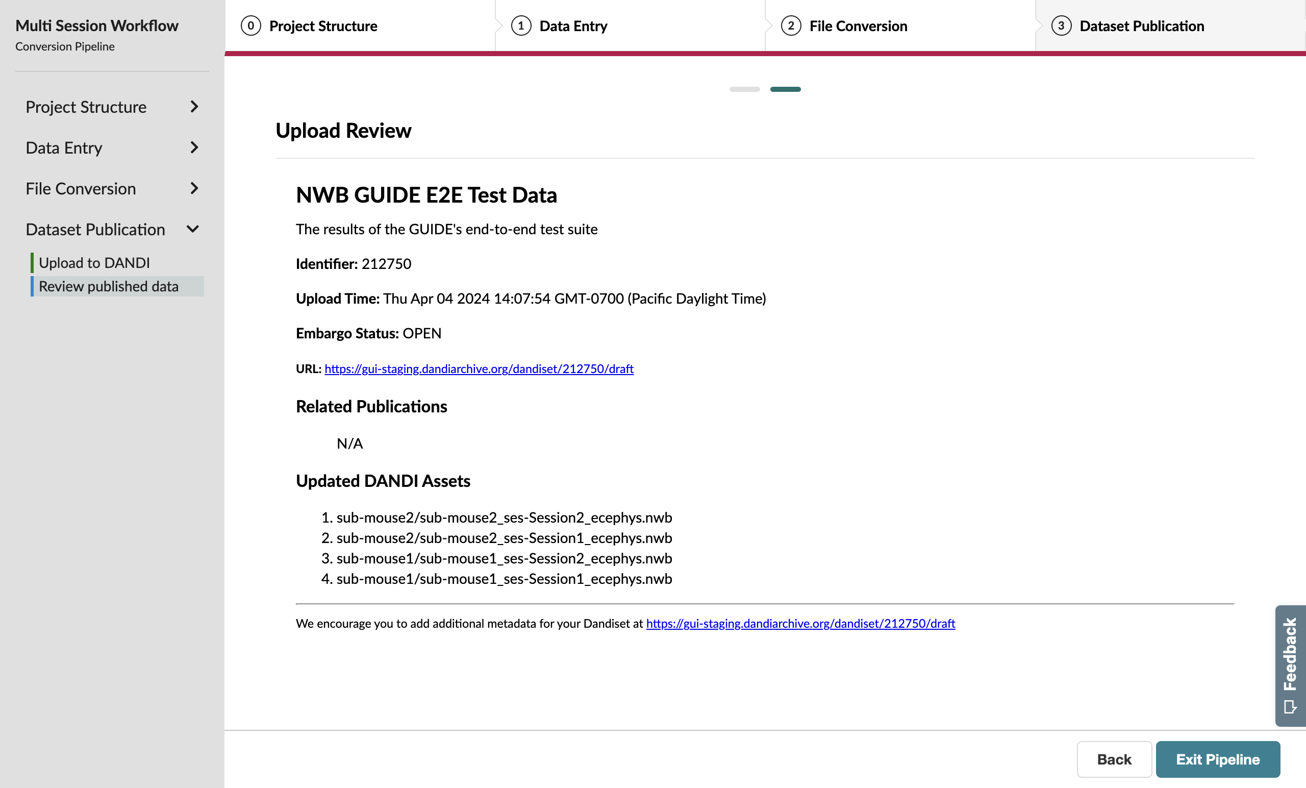DANDI upload review page