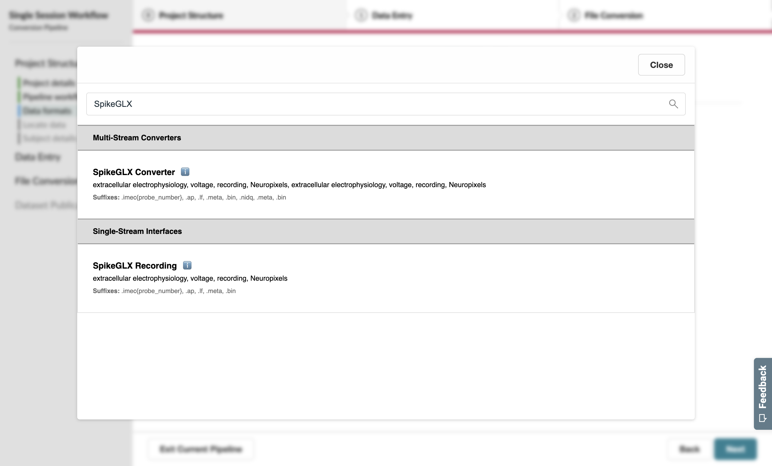 Searching for SpikeGLX in the format pop-up