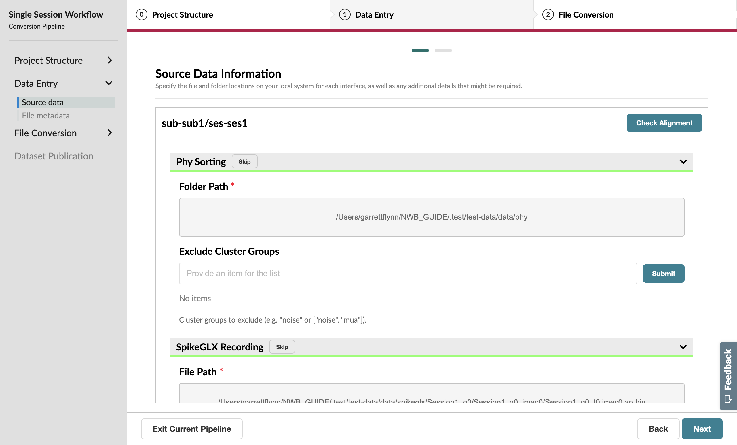 Source Data page with source locations specified
