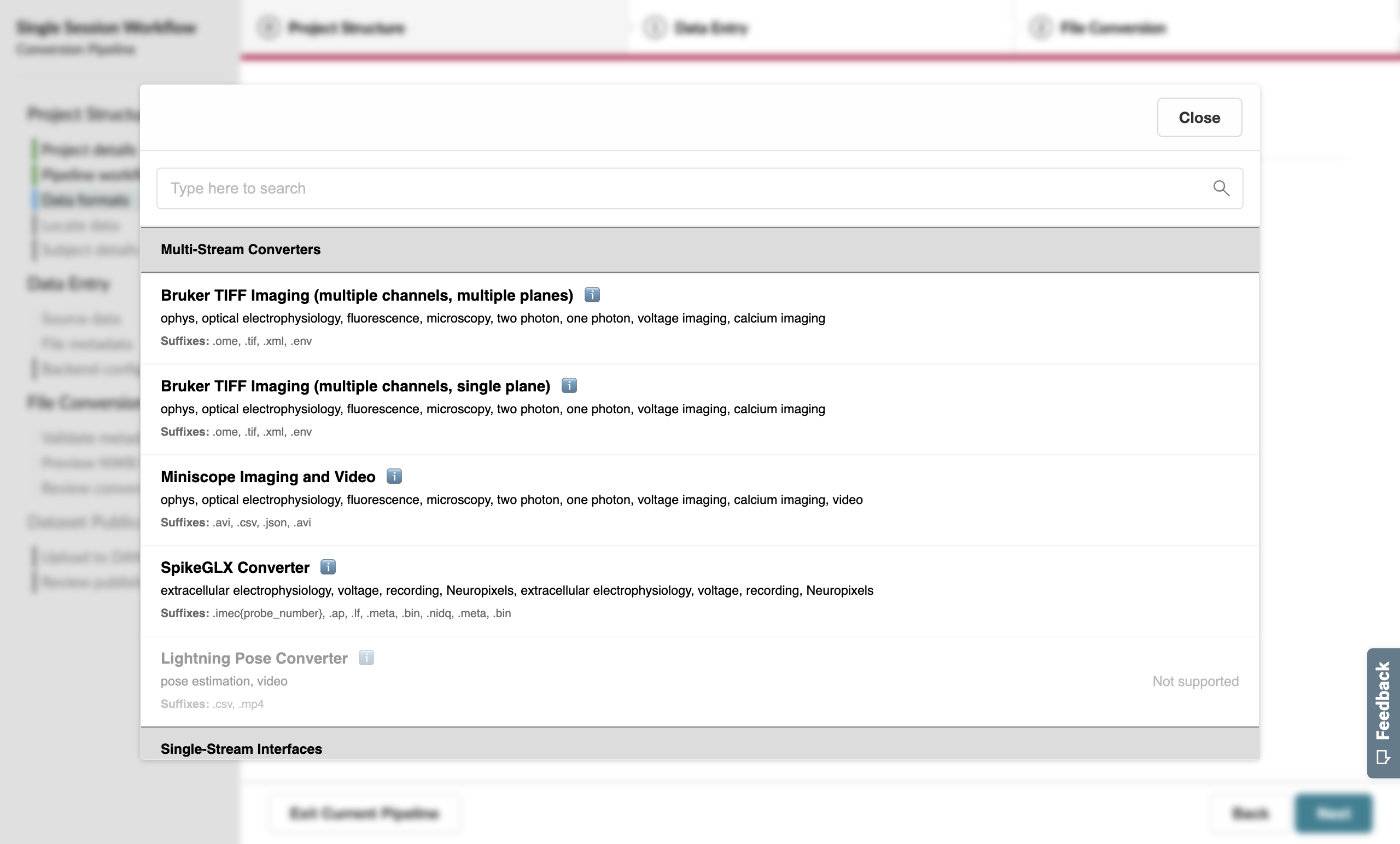 Format pop-up on the Data Formats page