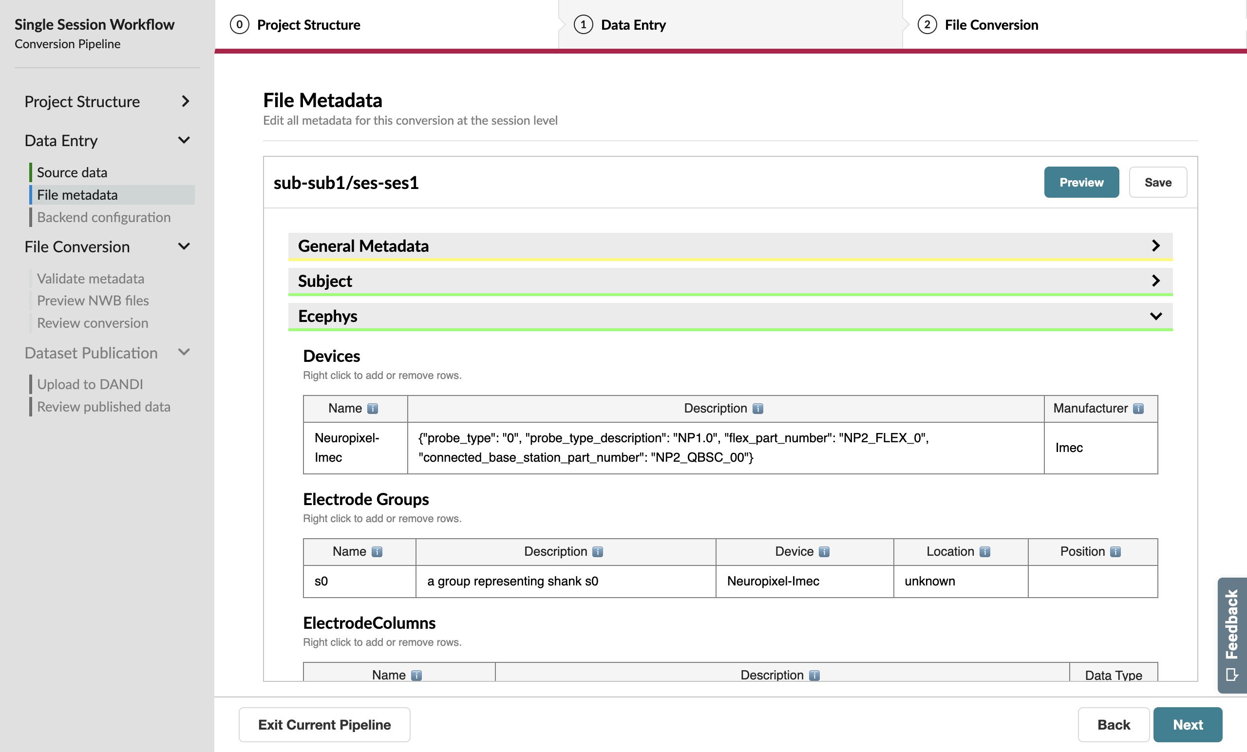 Ecephys metadata extracted from the SpikeGLX source data