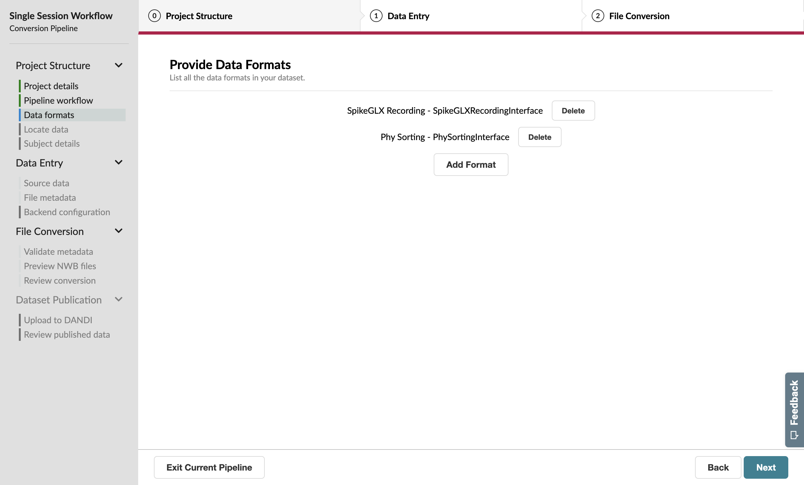 Data Formats page with both SpikeGLX Recording and Phy Sorting added to the list