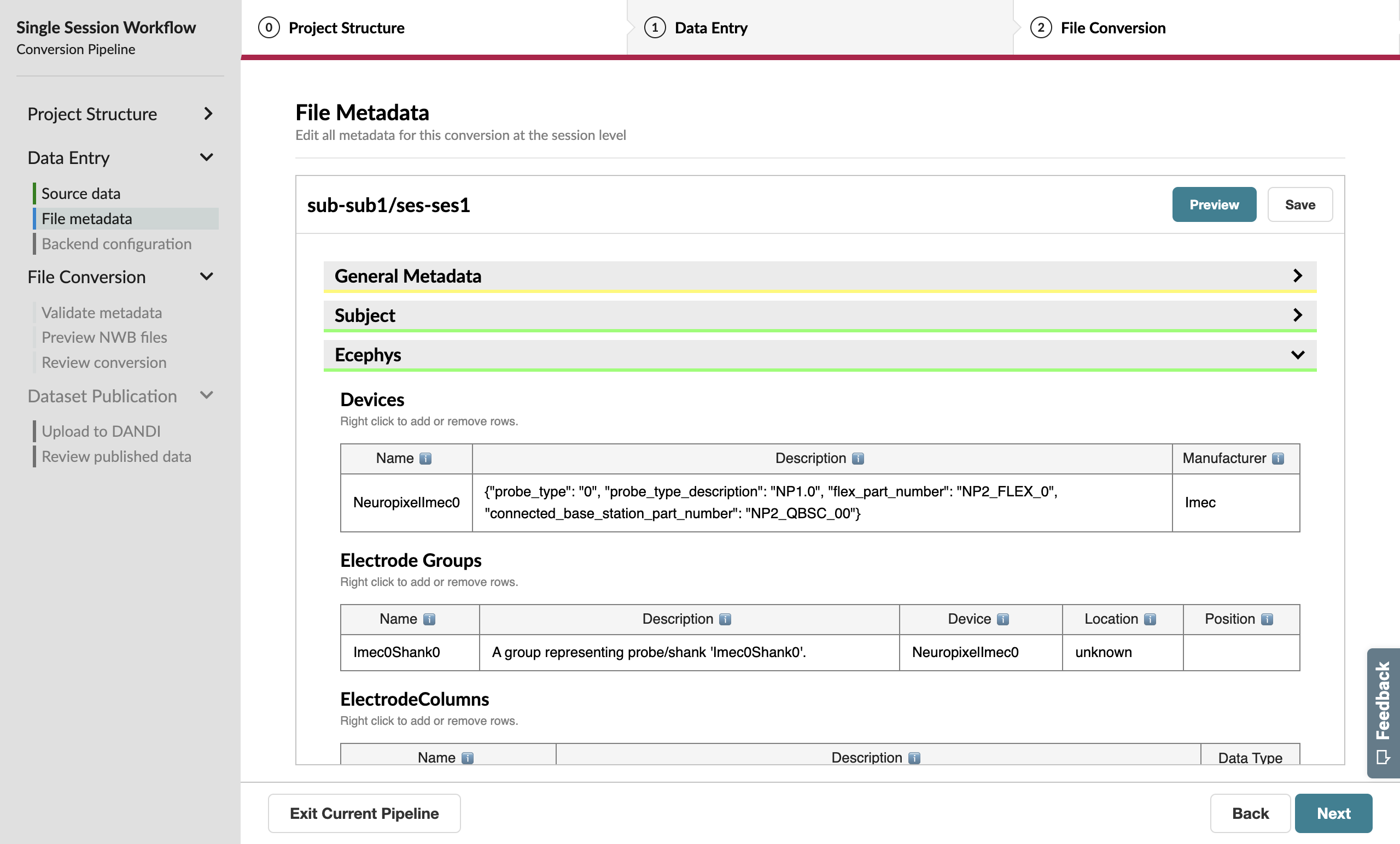 Ecephys metadata extracted from the SpikeGLX source data