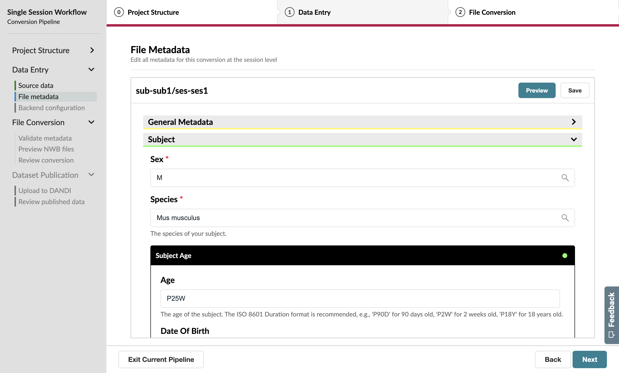 Metadata page with valid **Subject** information