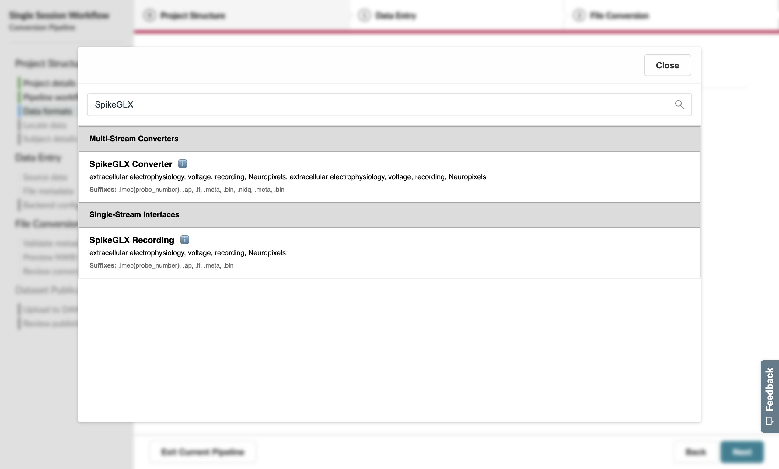 Searching for SpikeGLX in the format pop-up