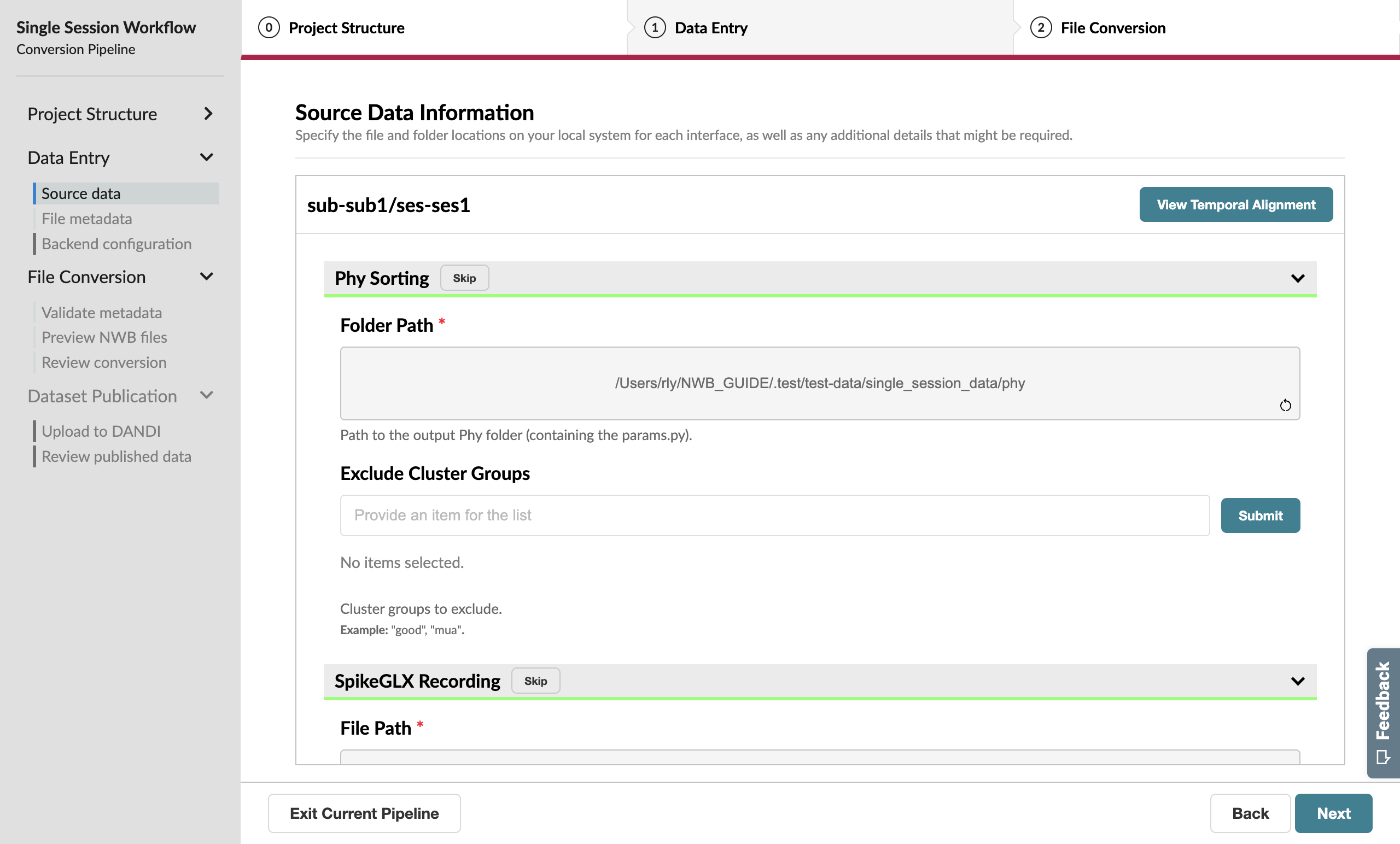 Source Data page with source locations specified