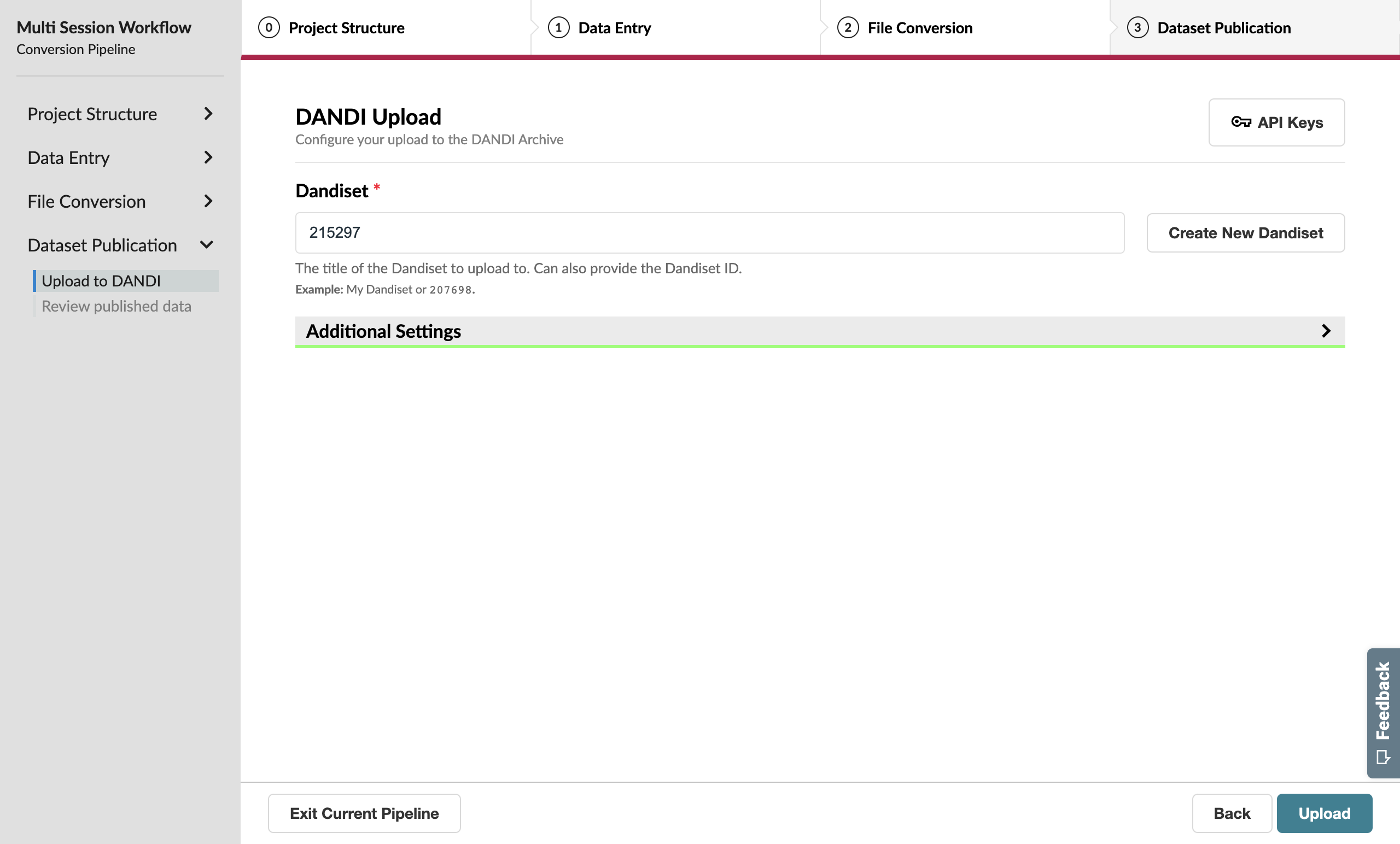 DANDI upload page with Dandiset ID specified
