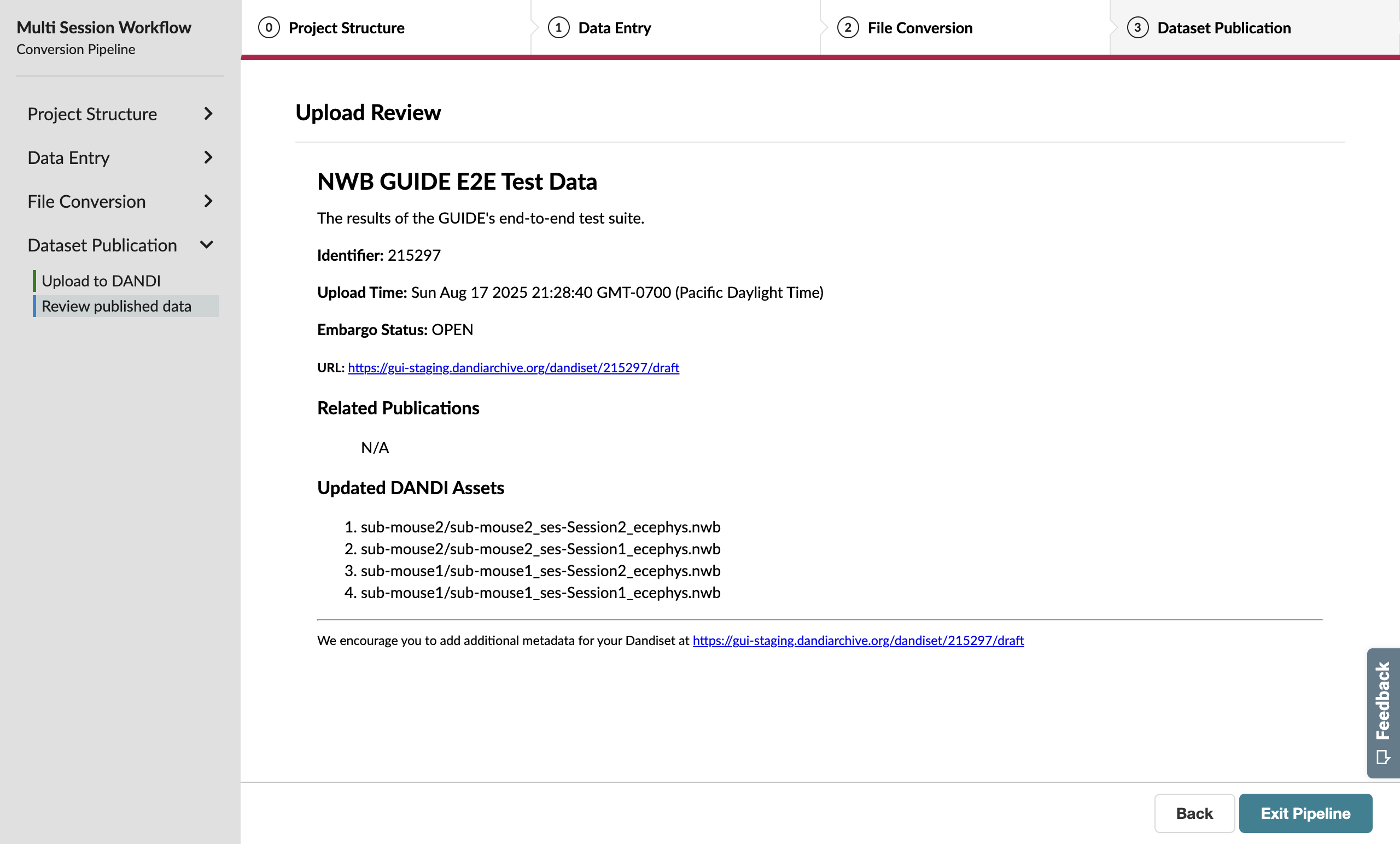 DANDI upload review page