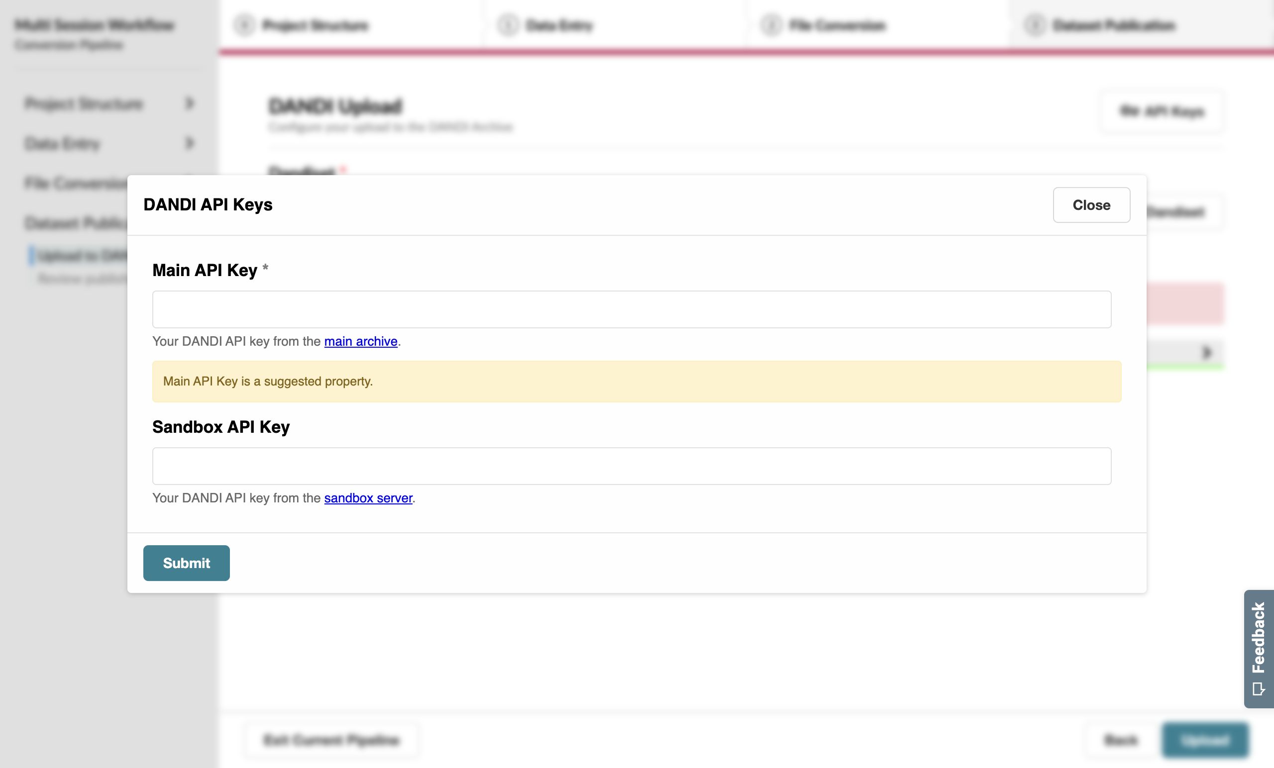 A pop-up asking for DANDI API keys