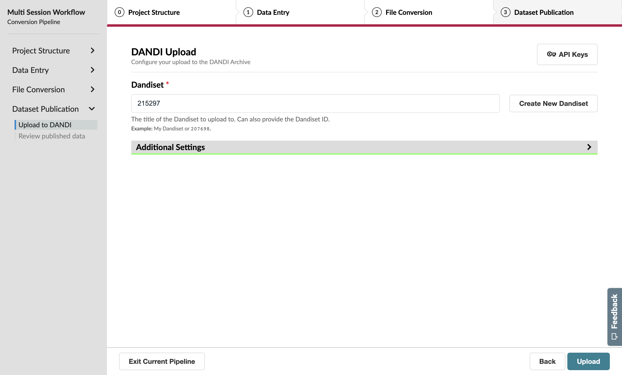 DANDI upload page with Dandiset ID specified