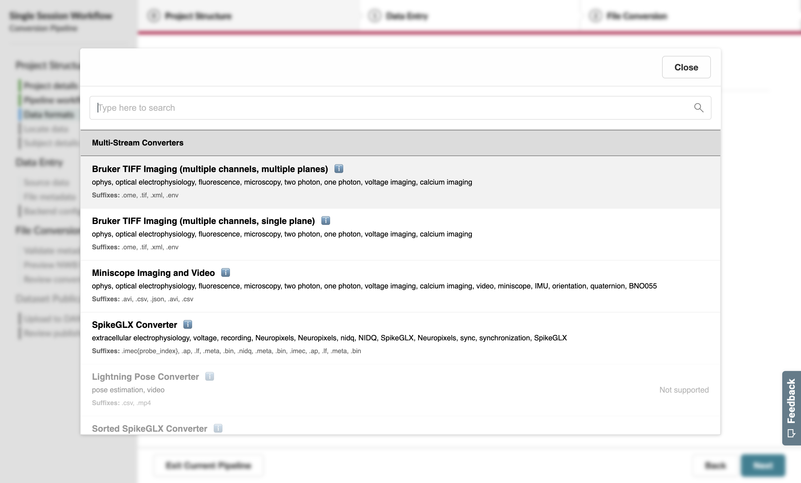 Format pop-up on the Data Formats page