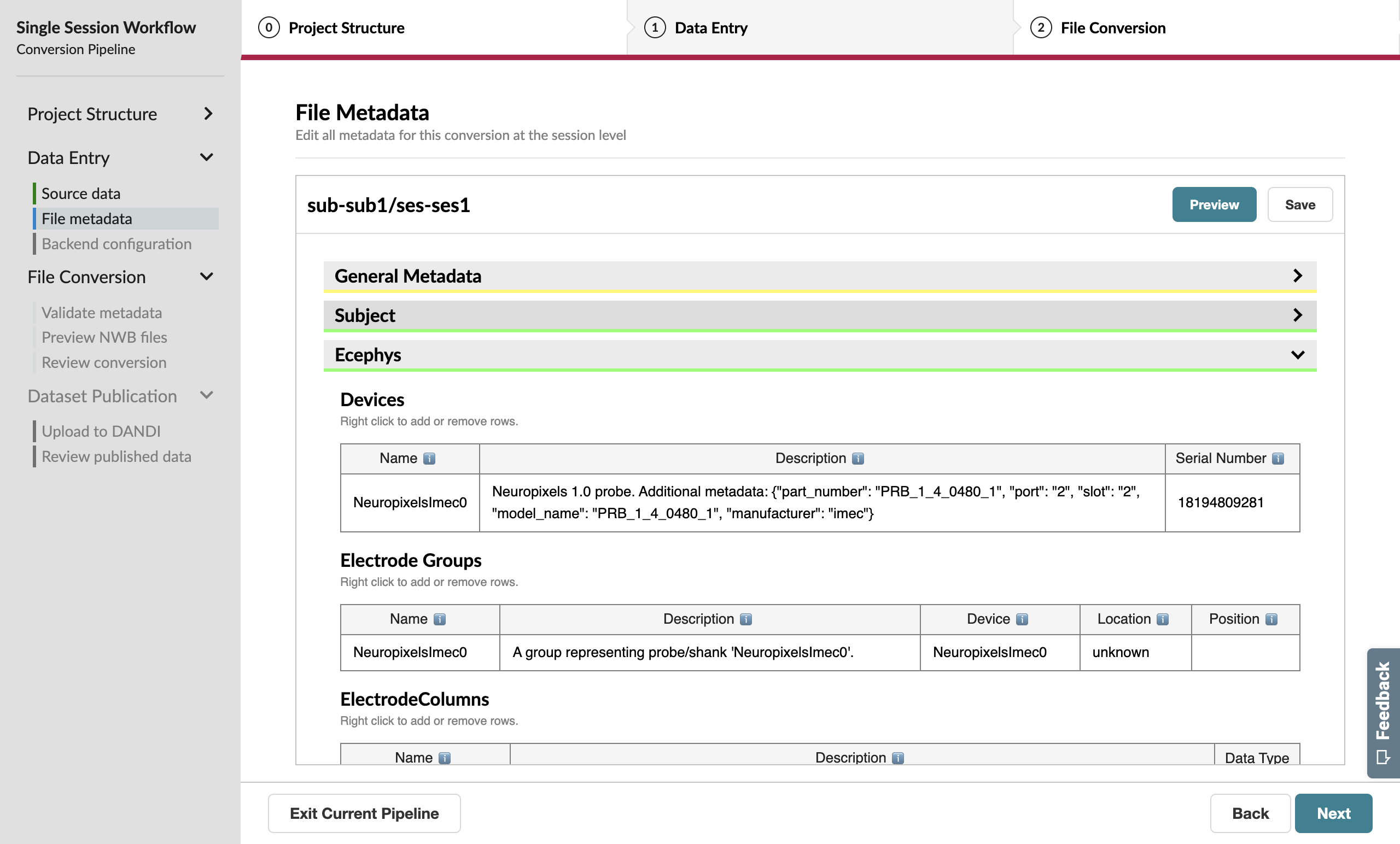 Ecephys metadata extracted from the SpikeGLX source data