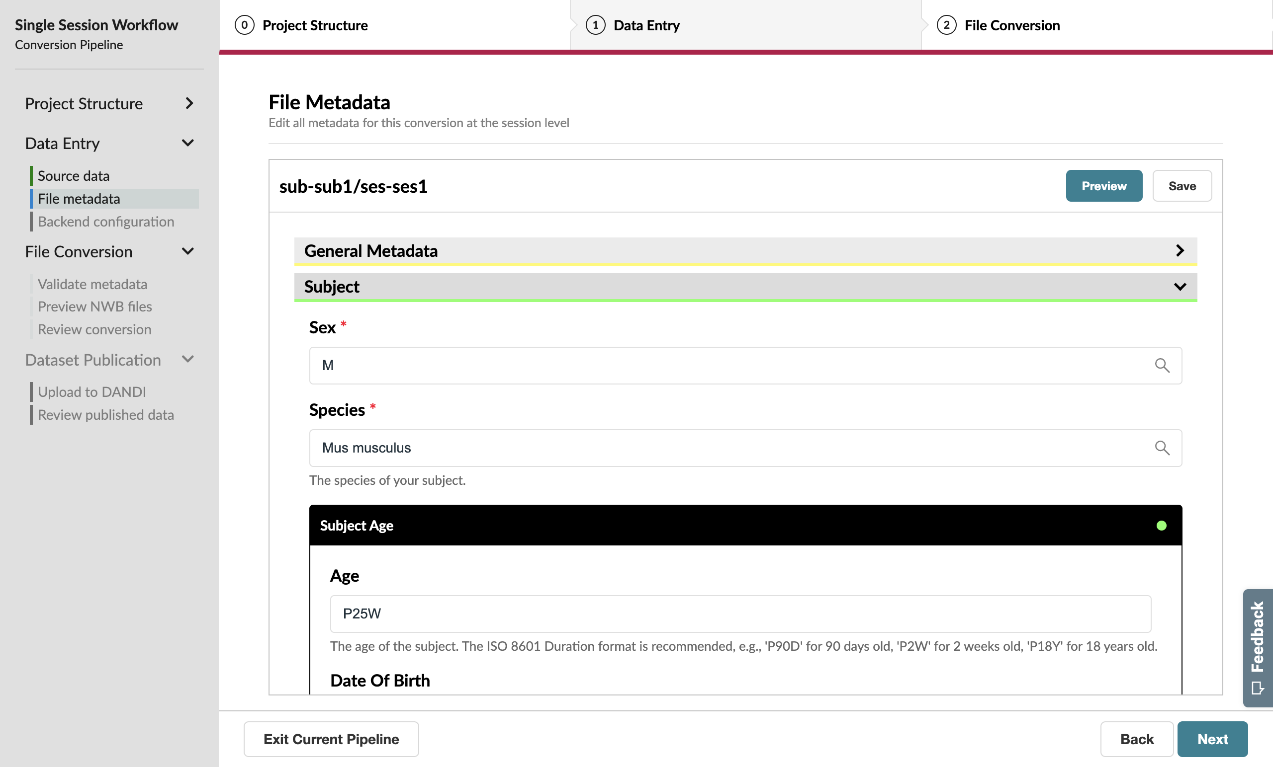 Metadata page with valid **Subject** information