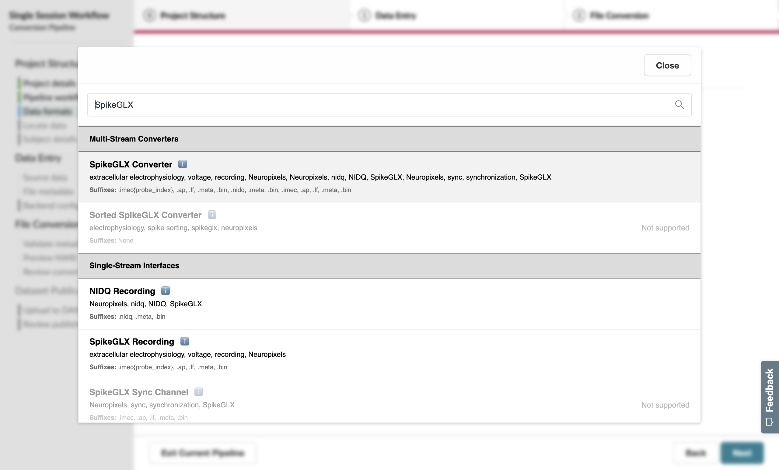 Searching for SpikeGLX in the format pop-up