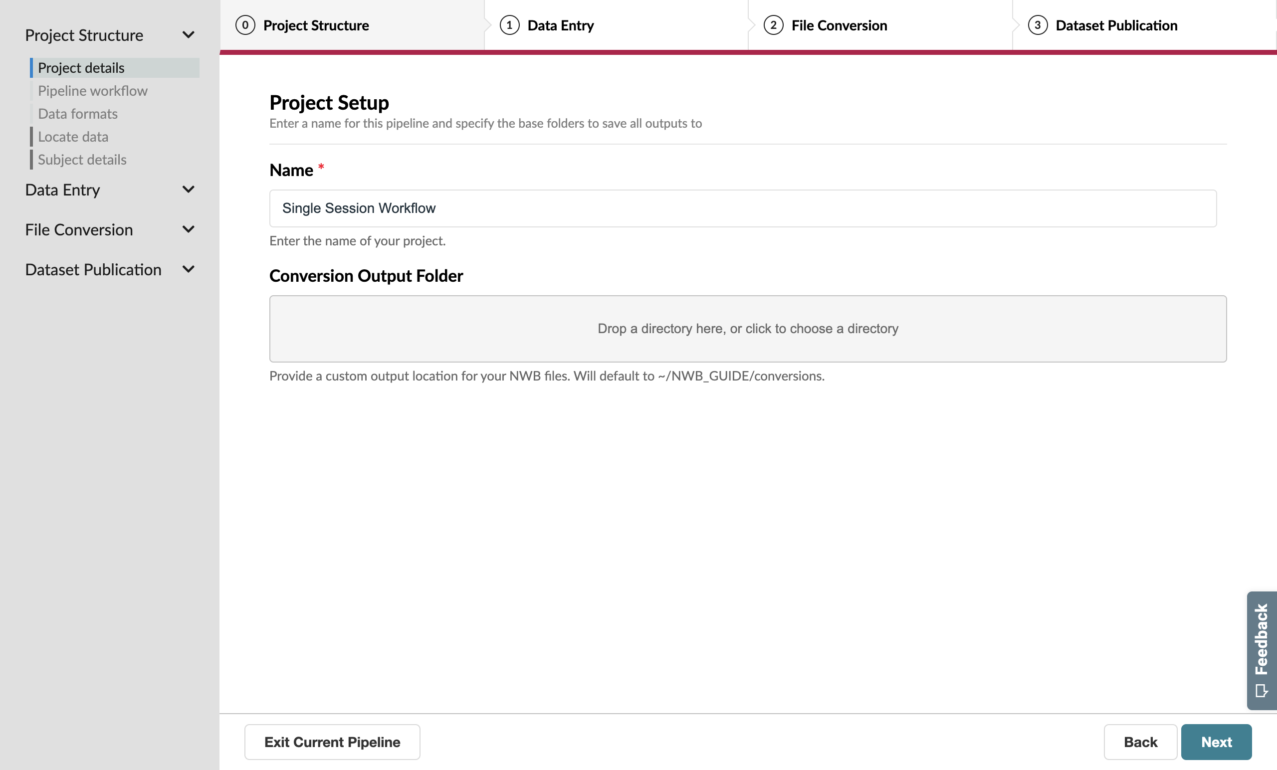Project Setup page with valid name